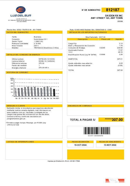 Peru Luz de Sur business utility bill template in Word and PDF formats, fully editable